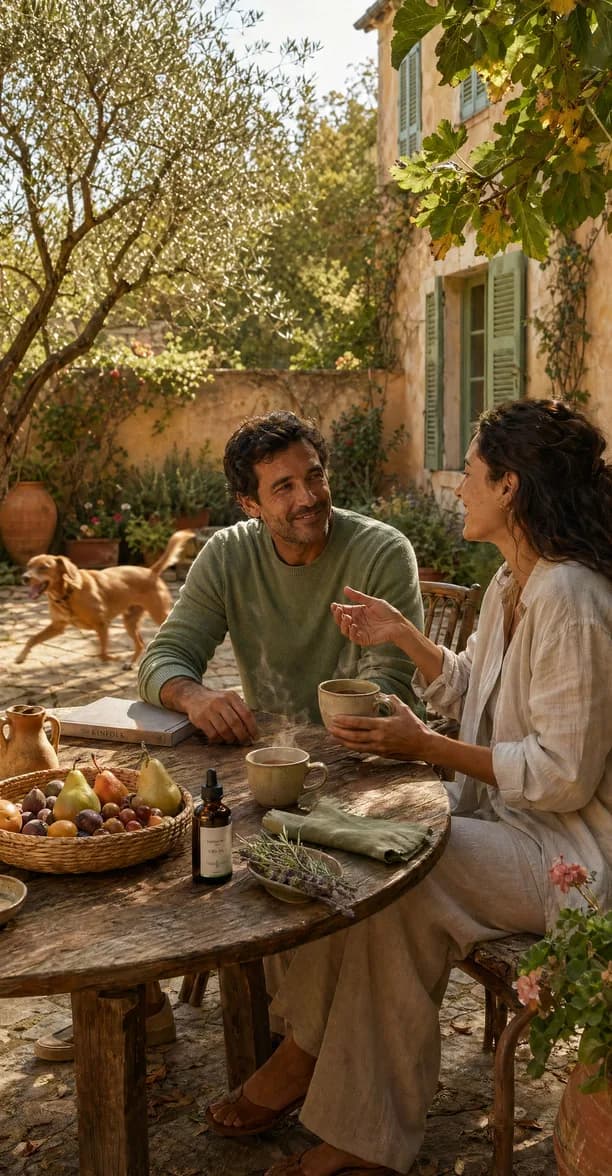 Um casal a tomar o pequeno-almoço num terraço soalheiro